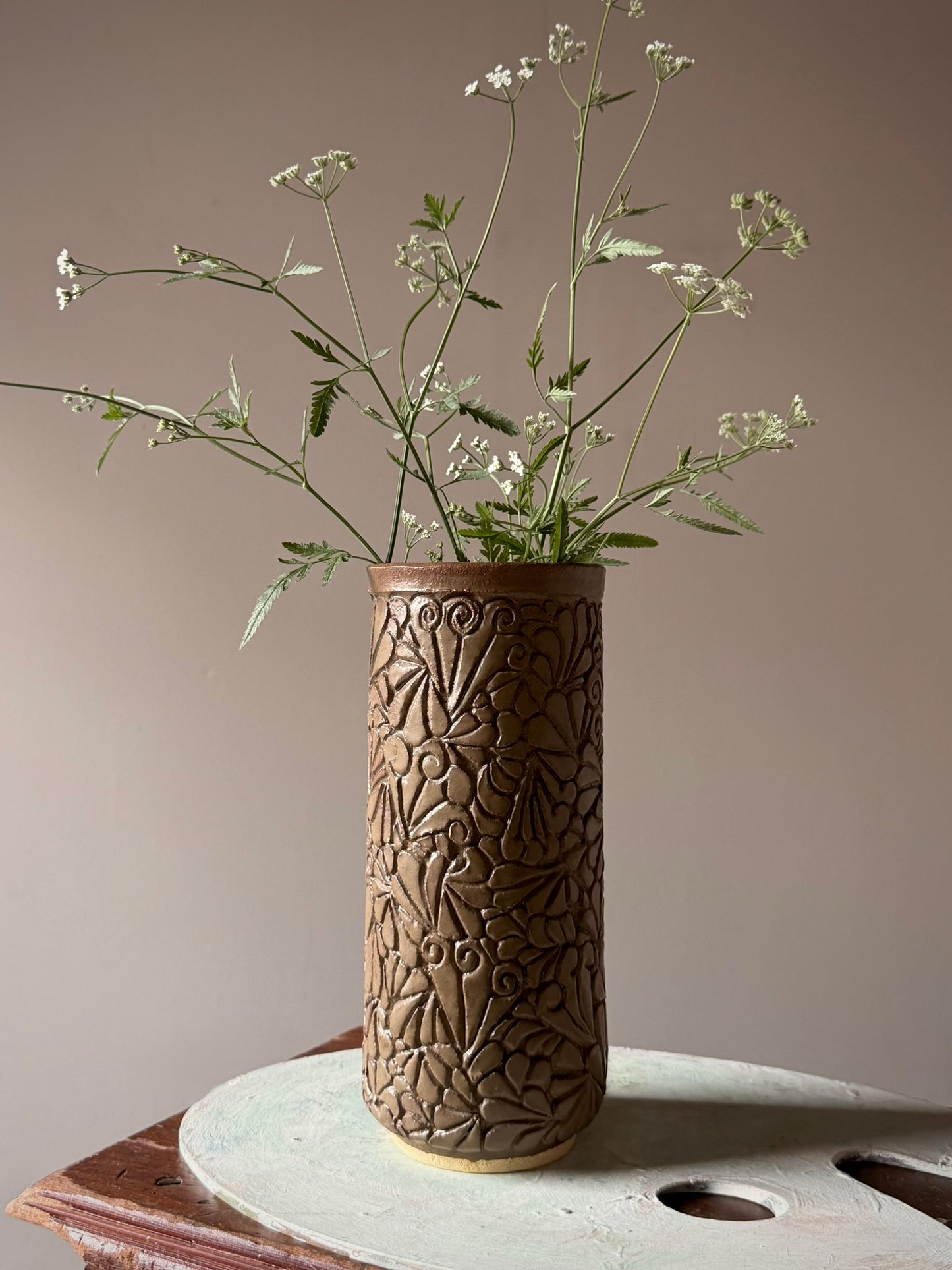 Carved Floral Relief Studio Pottery Vase