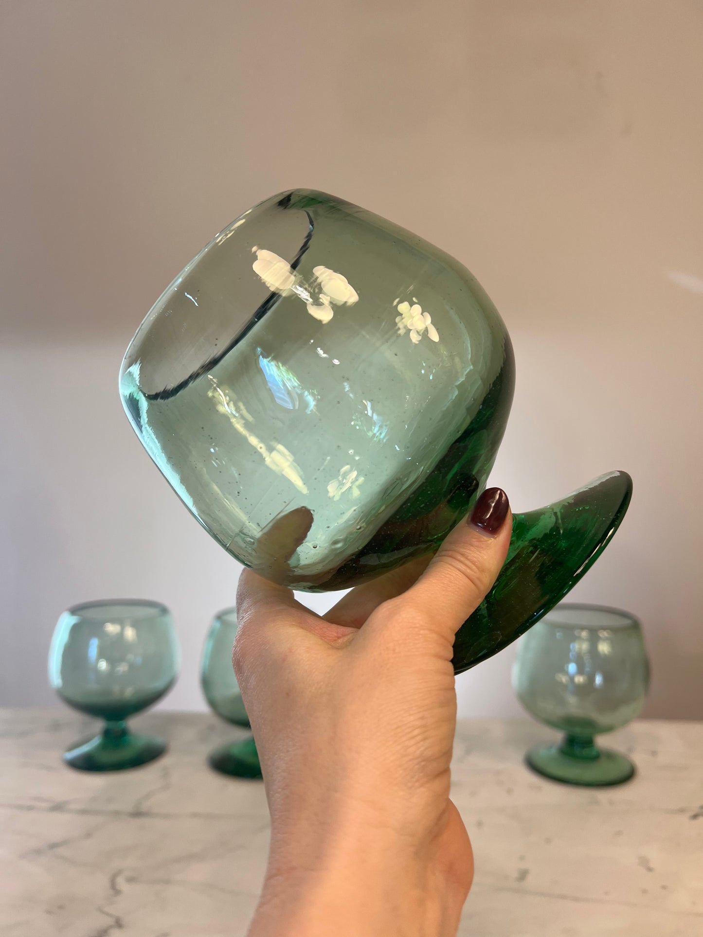 Handblown Green Glass Goblets, Set of Four