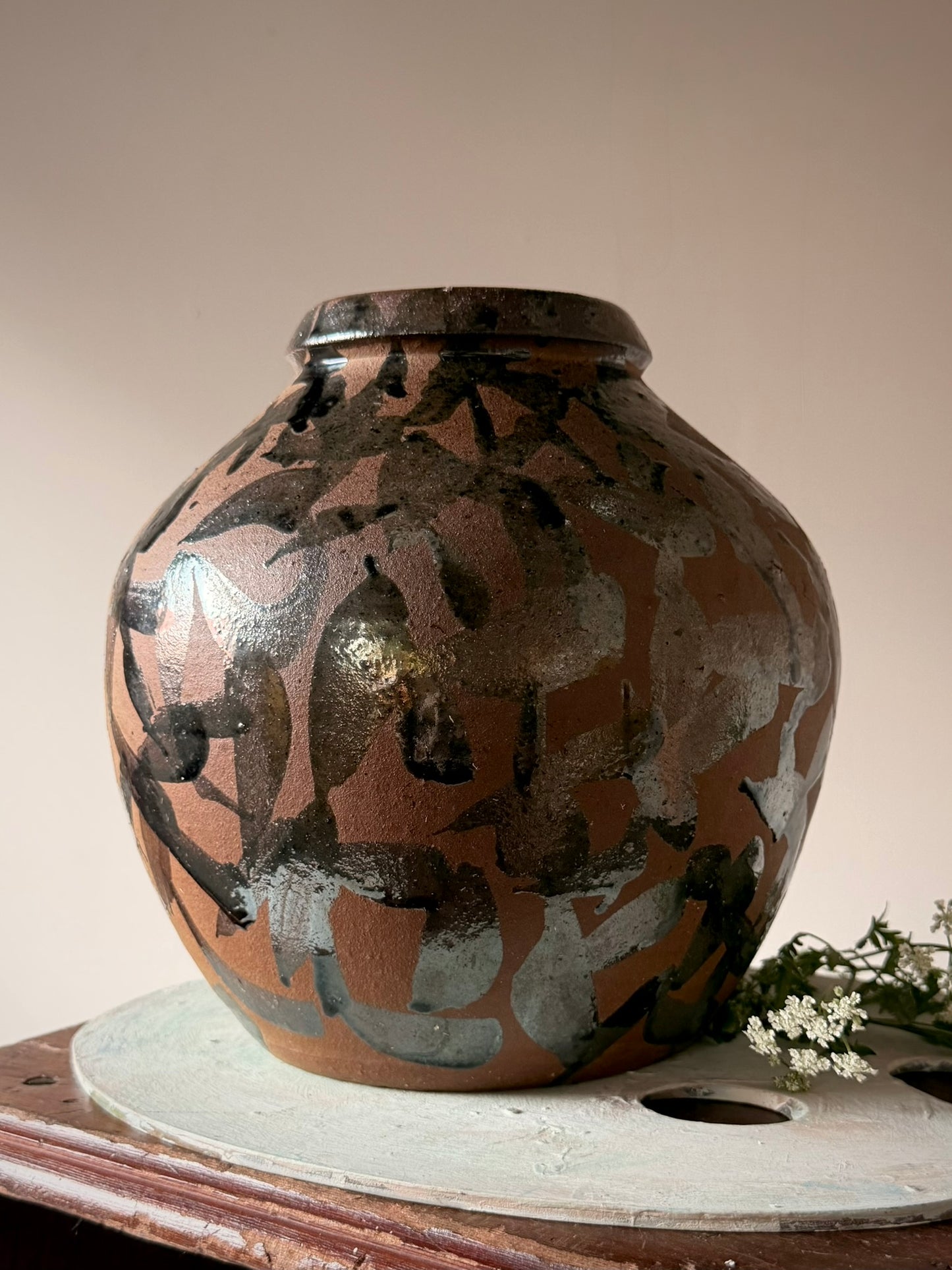 Stoneware Vase with Metallic Drip Glaze