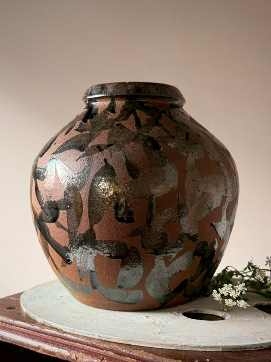 Stoneware Vase with Metallic Drip Glaze