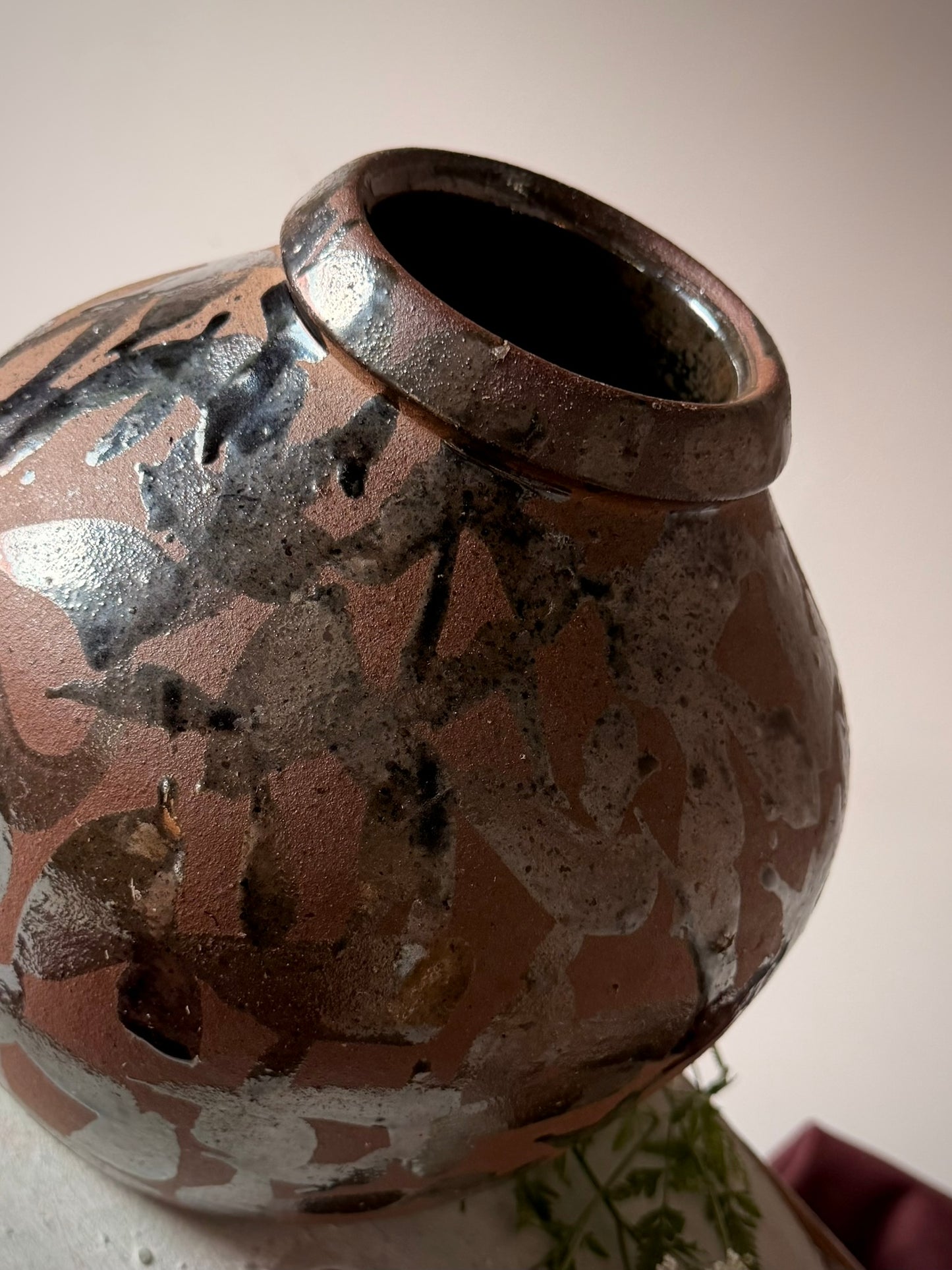 Stoneware Vase with Metallic Drip Glaze