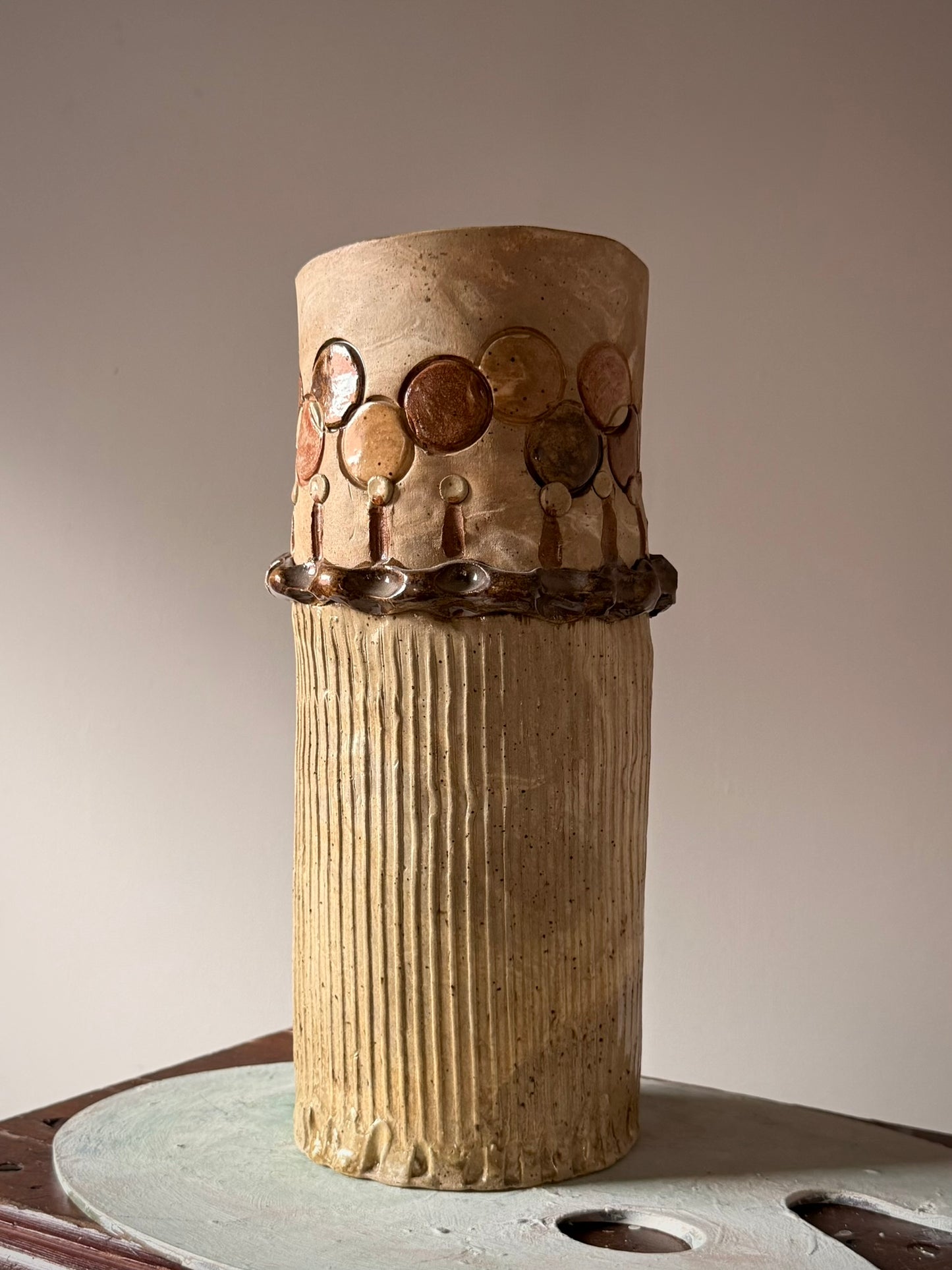 Ribbed Studio Pottery Vase with Dot Detailing