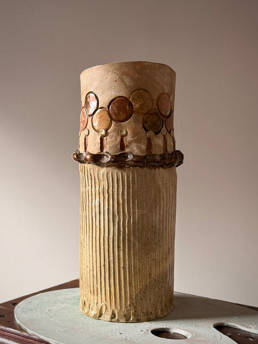 Ribbed Studio Pottery Vase with Dot Detailing