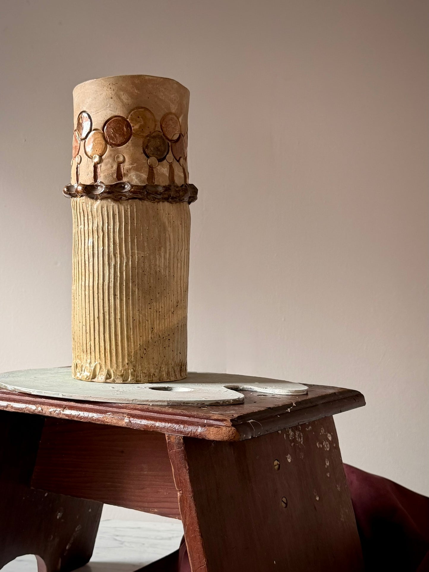 Ribbed Studio Pottery Vase with Dot Detailing