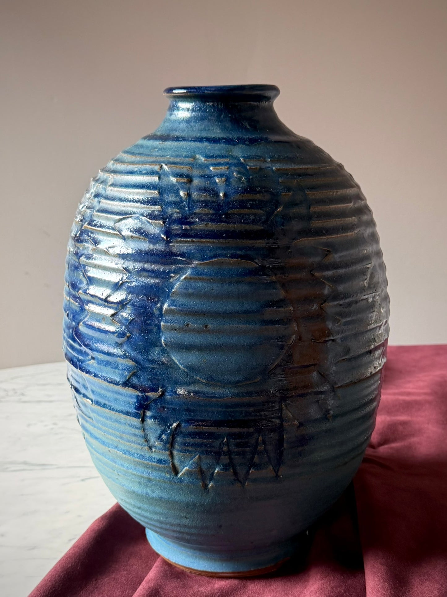 Oversized Stoneware Vase with Sun Motif