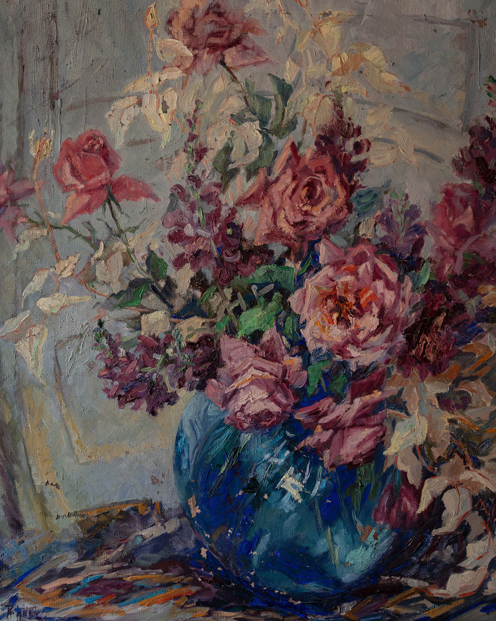 Post-Impressionist Floral Still Life Oil on Canvas, Ruth Kerlin Hibbs, 1960s