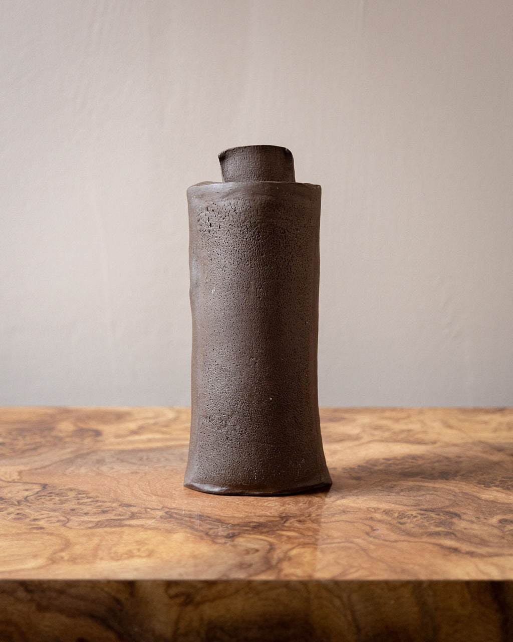 Studio Pottery Vase with Raised Geometric Design and Chocolate Glaze