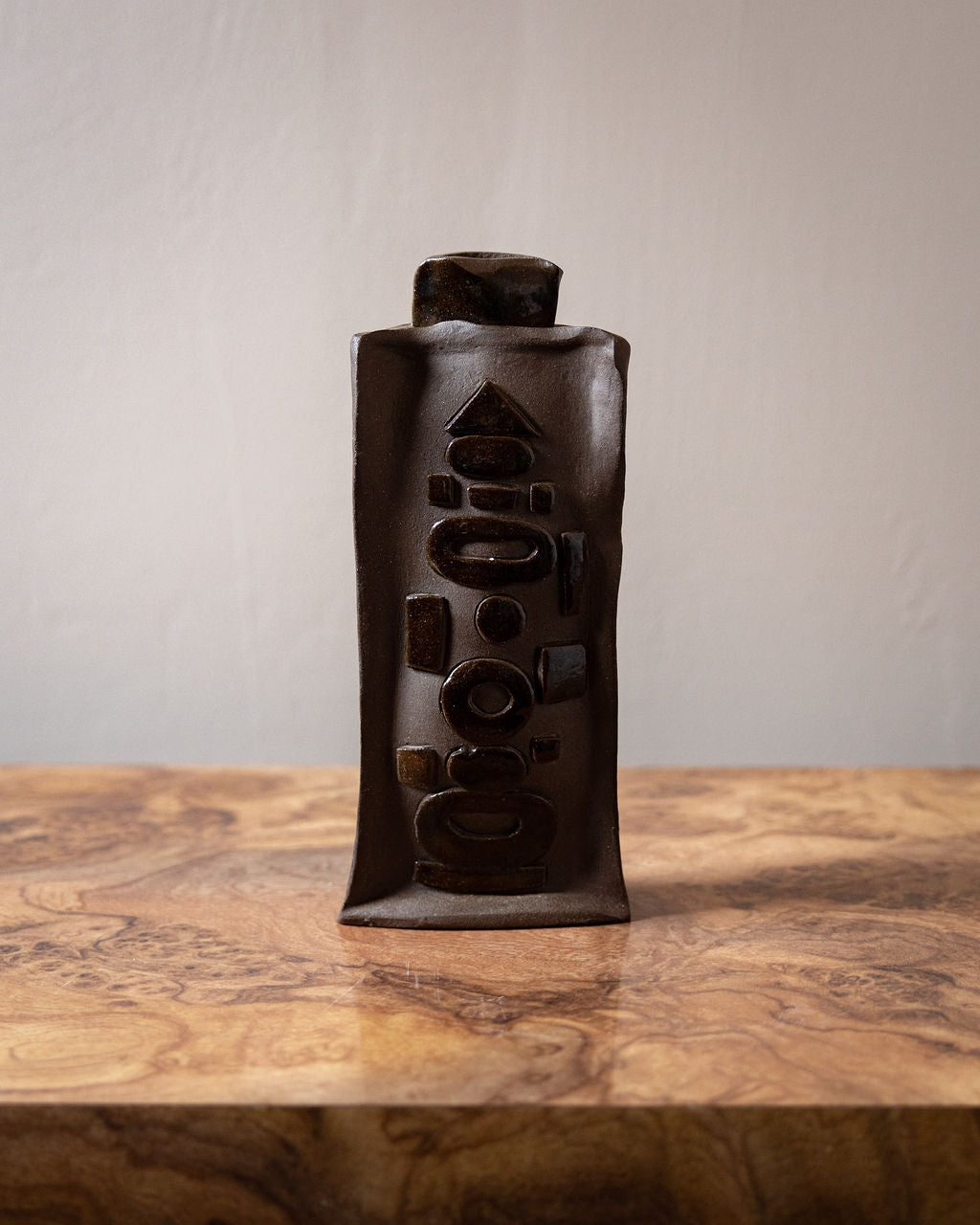 Studio Pottery Vase with Raised Geometric Design and Chocolate Glaze