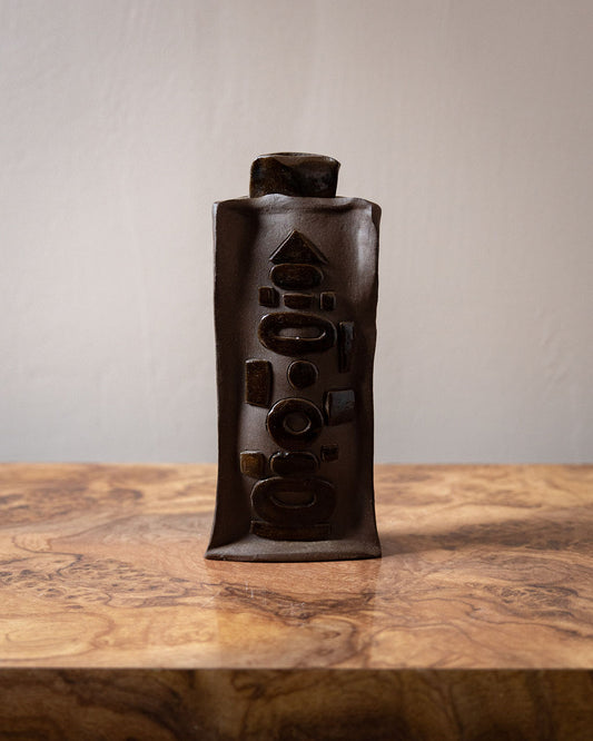 Studio Pottery Vase with Raised Geometric Design and Chocolate Glaze