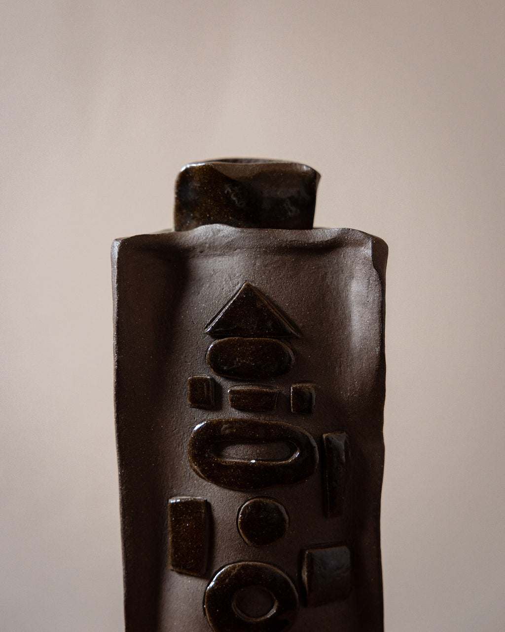 Studio Pottery Vase with Raised Geometric Design and Chocolate Glaze
