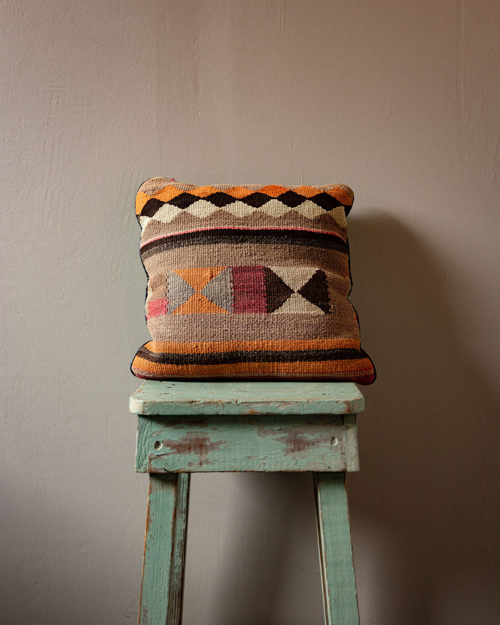 Kilim Pillow with Diamond and Stripe Pattern