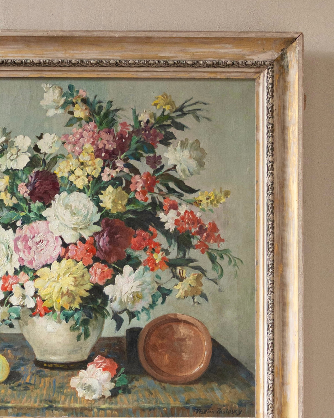 Floral Still Life with Vase and Fruit by Vladimir Pavlosky