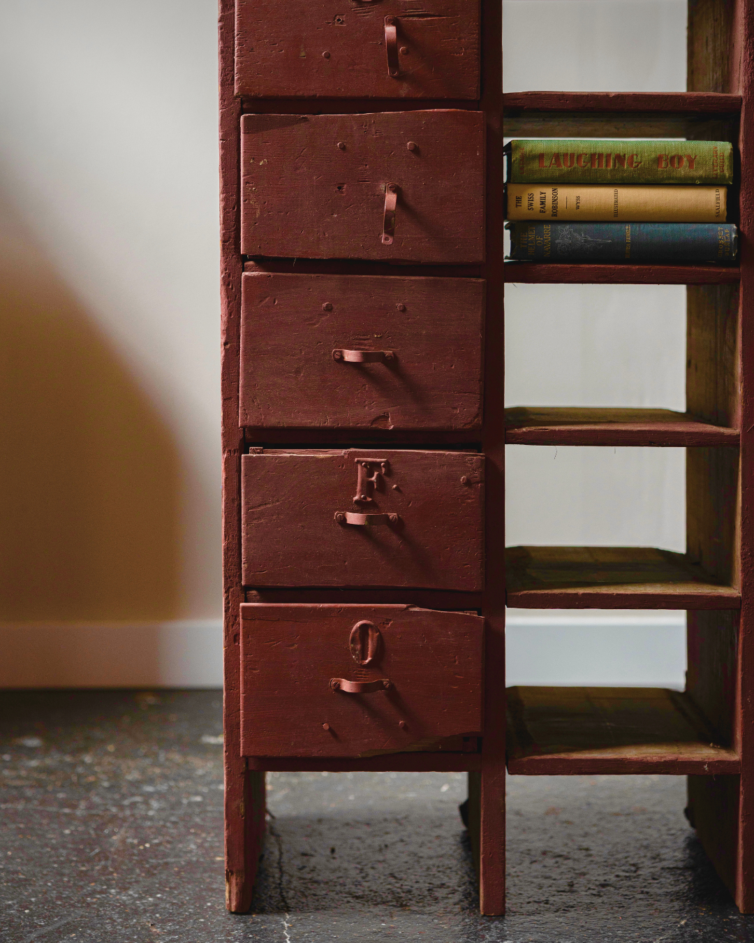 Primitive Workshop Cubby with Labeled Drawers