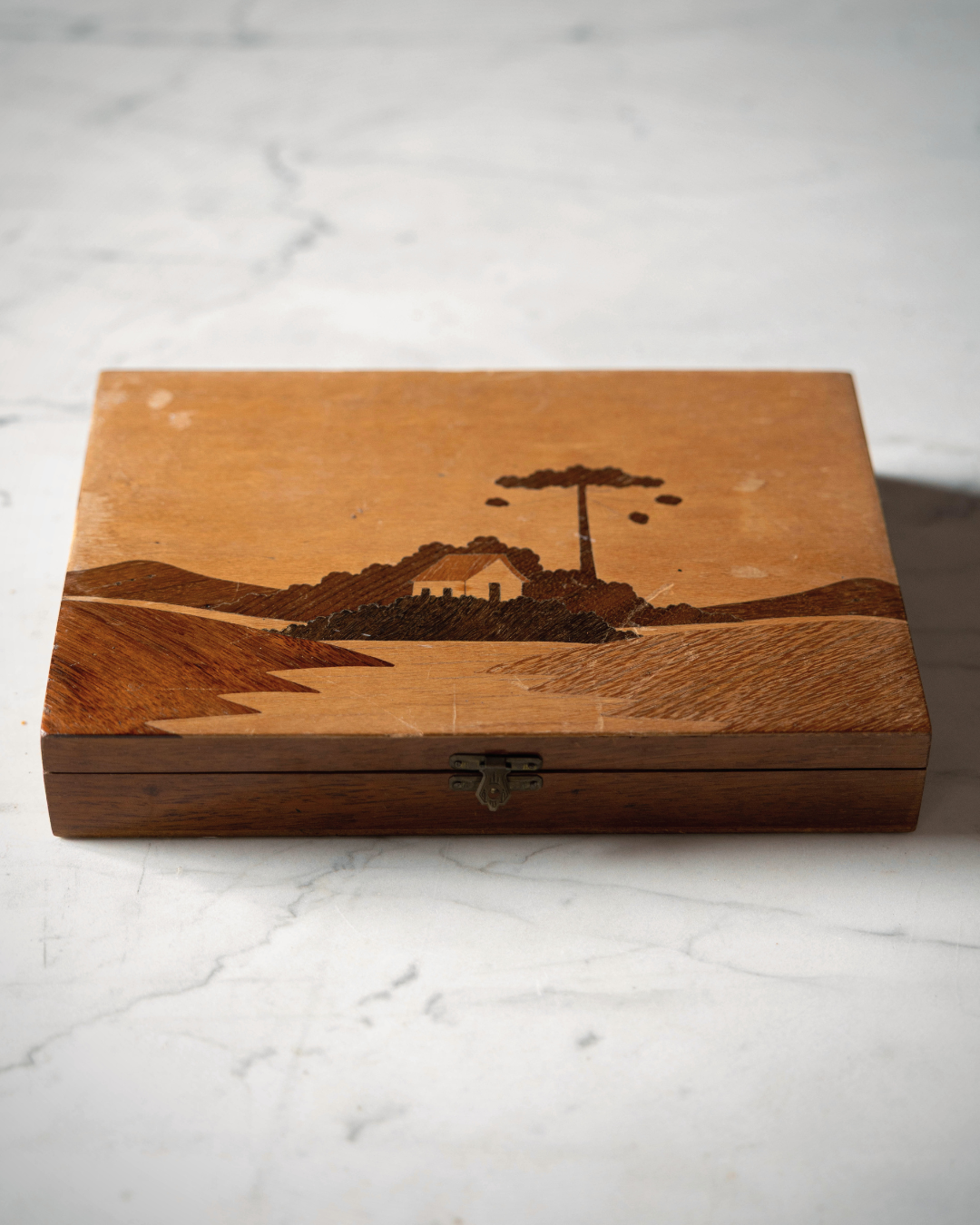 House Motif Wood Inlay Box with Brass Closure