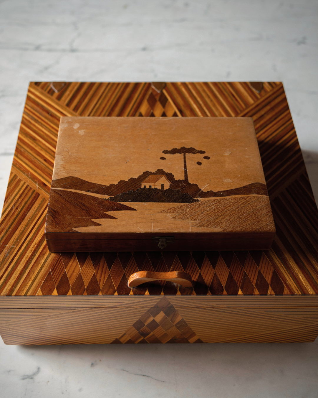 House Motif Wood Inlay Box with Brass Closure