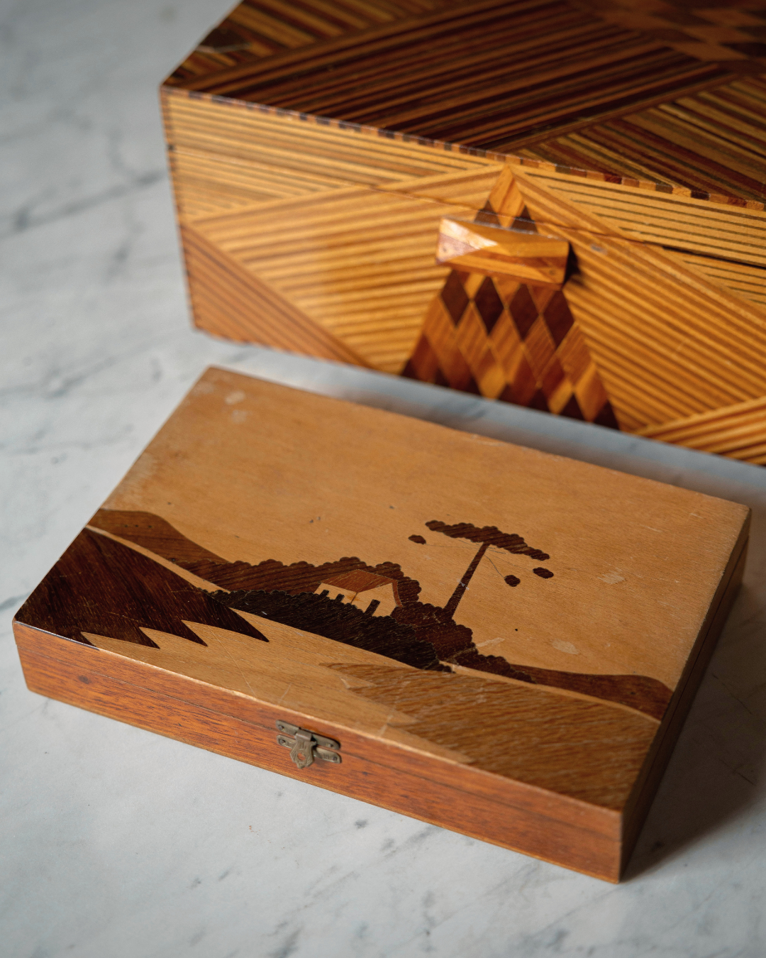 Geometric Inlay Box with Copper Brackets